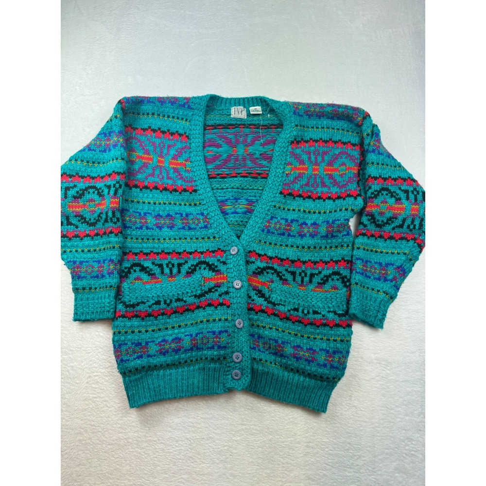 Vintage IVY Teal Southwestern Fair Isle Knit Button Cardigan Sweater size M